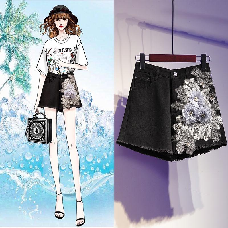 Quần Short Nữ Thêu Họa Tiết Phong Cách Châu Âu Denim Dáng Rộng Lưng Cao