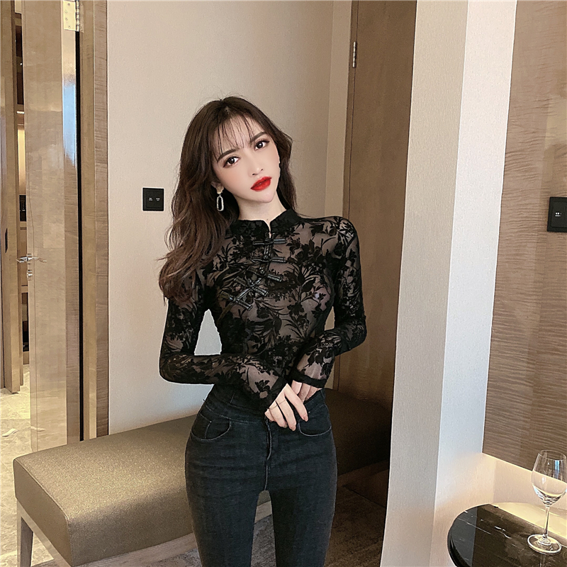 Hàng Quảng Châu - Áo kiểu sơ mi ren cổ tàu khuy da sang chảnh - a41173