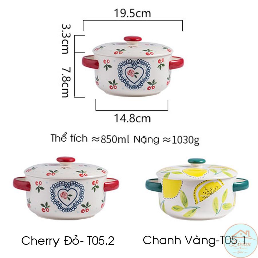 Tô sứ ăn mỳ,bát ăn dặm có 2 tay cầm kèm nắp họa tiết chanh vàng cherry đỏ 850ml