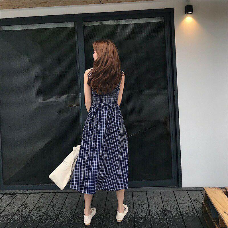 Váy Kẻ 2 Dây Nhún Ngực Vintage