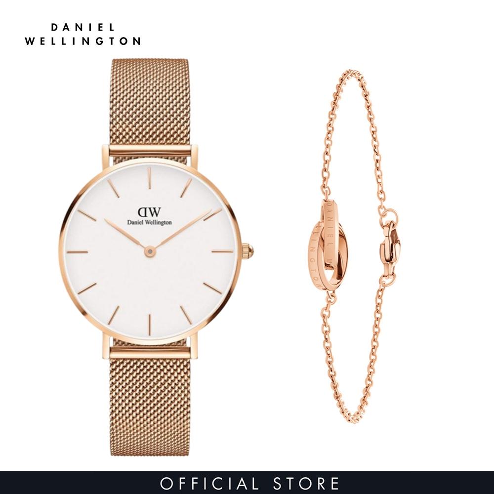 Đồng hồ Nữ Daniel Wellington dây Lưới - Petite Melrose 32mm DW00100163 + Vòng tay Daniel Wellington màu Vàng hồng - Elan