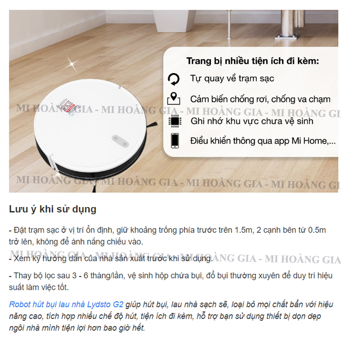 Robot hút bụi lau nhà Xiaomi Lydsto G2 kết nối app mihome bản quốc tế - Hàng nhập khẩu