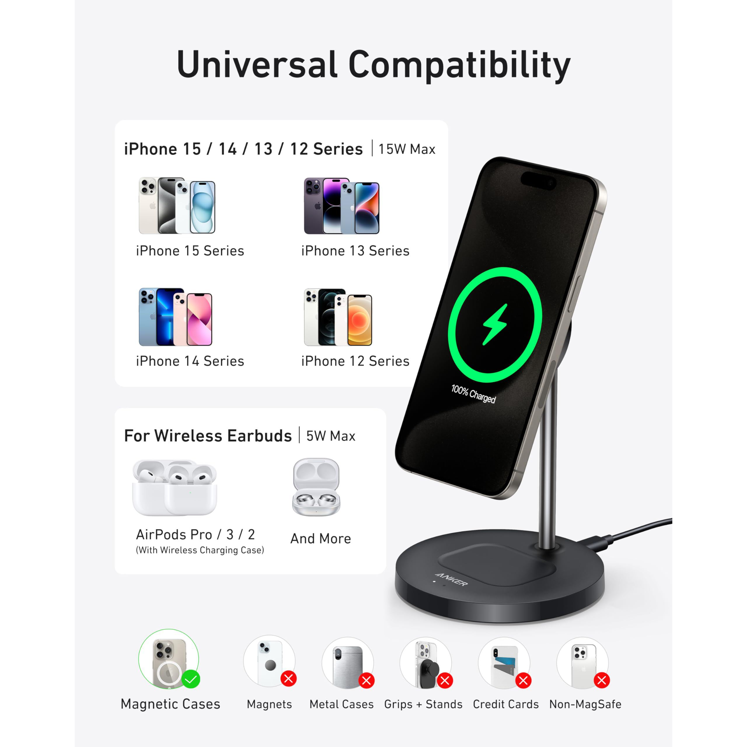 Đế sạc Anker MagGo 1C 15W (2-in-1, Stand, with USB-C cable) A2544 - Hàng Chính Hãng - Màu Đen