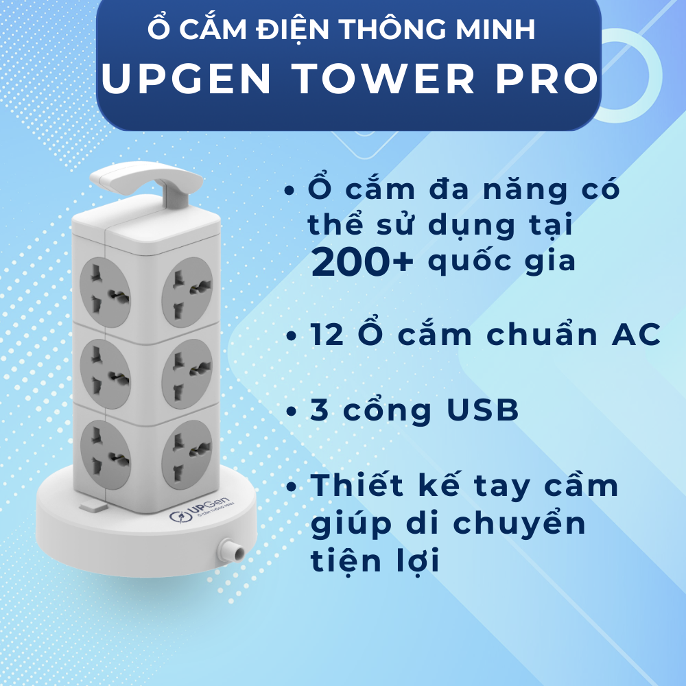 Ổ Cắm Điện Đa Năng UPGEN TOWER PRO Dạng Tháp Nhiều Tầng Chịu Tải Lớn, 3 cổng USB Sạc Nhanh, An Toàn, Chống Giật, Chống Cháy, Dây Dài 3m