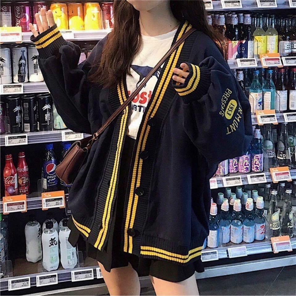 Áo Khoác Unisex Cardigan Kẻ Vàng Thun Nỉ Ngoại FreeSize 68kg AK90