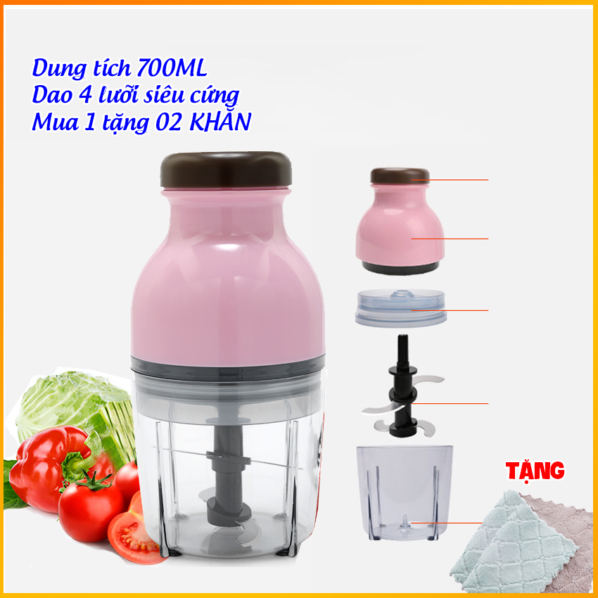 Combo máy xay thịt kèm 02 khăn lau bếp đa năng siêu thấm nước - Máy xay thịt động cơ 350W - Dung tích 700ML - Cốc nhựa - Nhỏ gọn tiện dụng - Xay thịt, rau, đồ ăn dặm - Nhỏ gọn tiện dụng