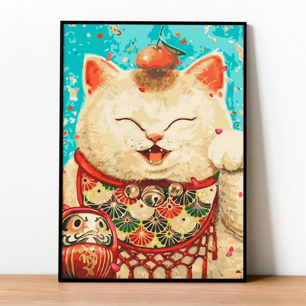 Tranh số hóa Mèo chiêu tài đã căng khung 40x50cm