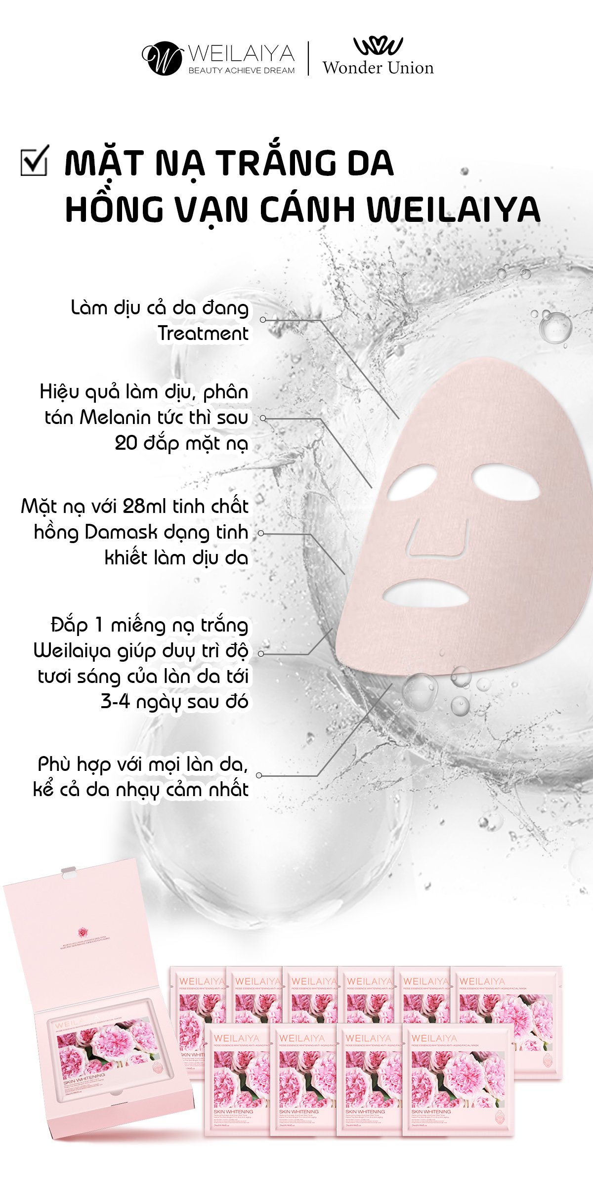 Combo 6 hộp Mặt nạ trắng da hồng vạn cánh Weilaiya - Weilaiya Rose Essence Whitening Anti-aging Facial Mask