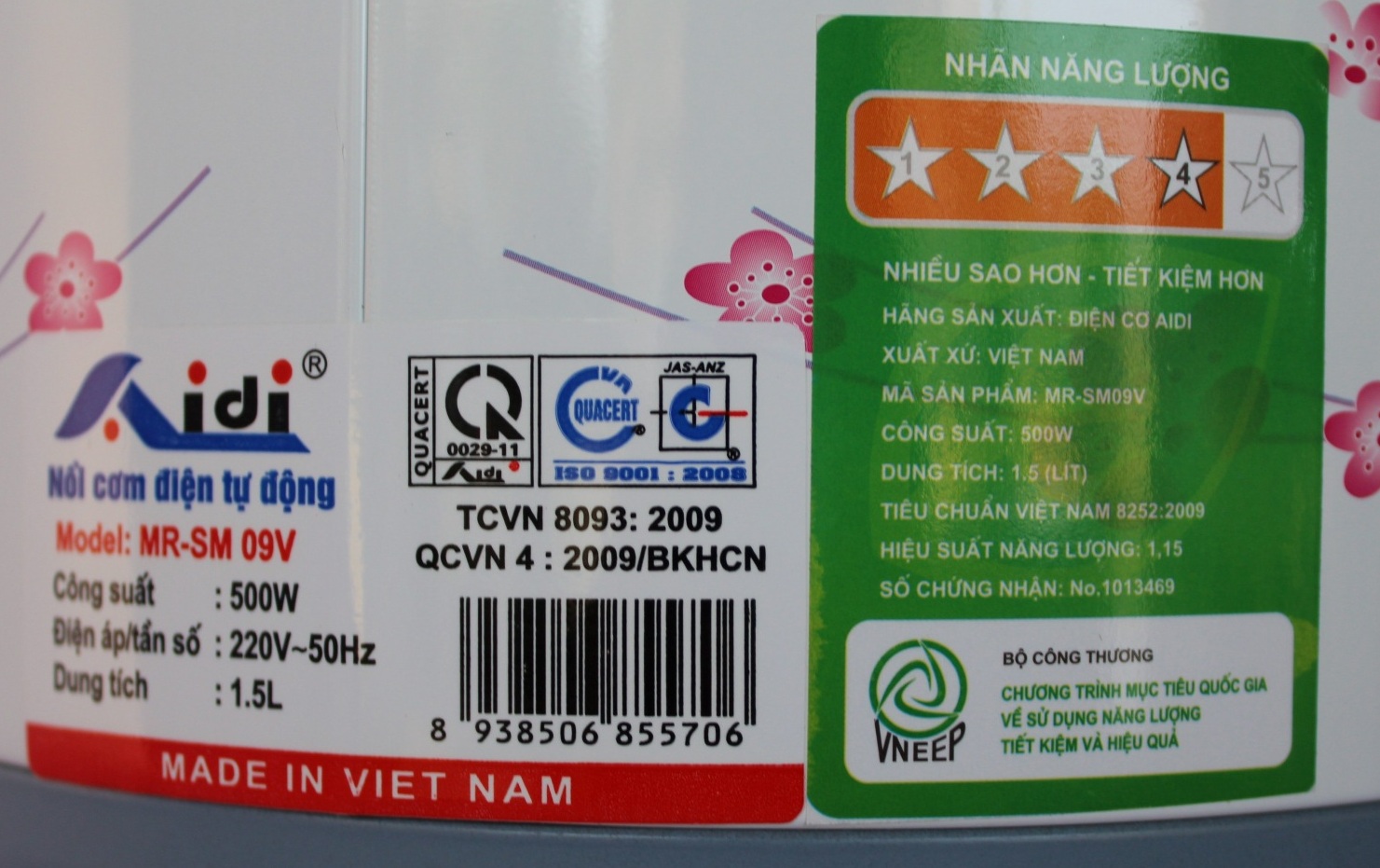 Nồi Cơm Điện Tự Động Nắp Rời Aidi MR-SM 09V (1,5 lít) - Màu Ngẫu Nhiên - Chính Hãng