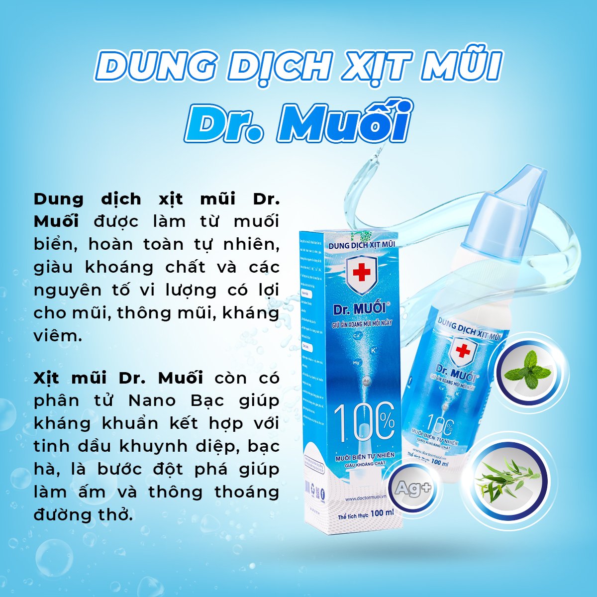 Dung dịch xịt mũi Dr. Muối (100ml) (Ngừa vi khuẩn + Bảo Vệ Xoang + Thơm Thoáng mũi)