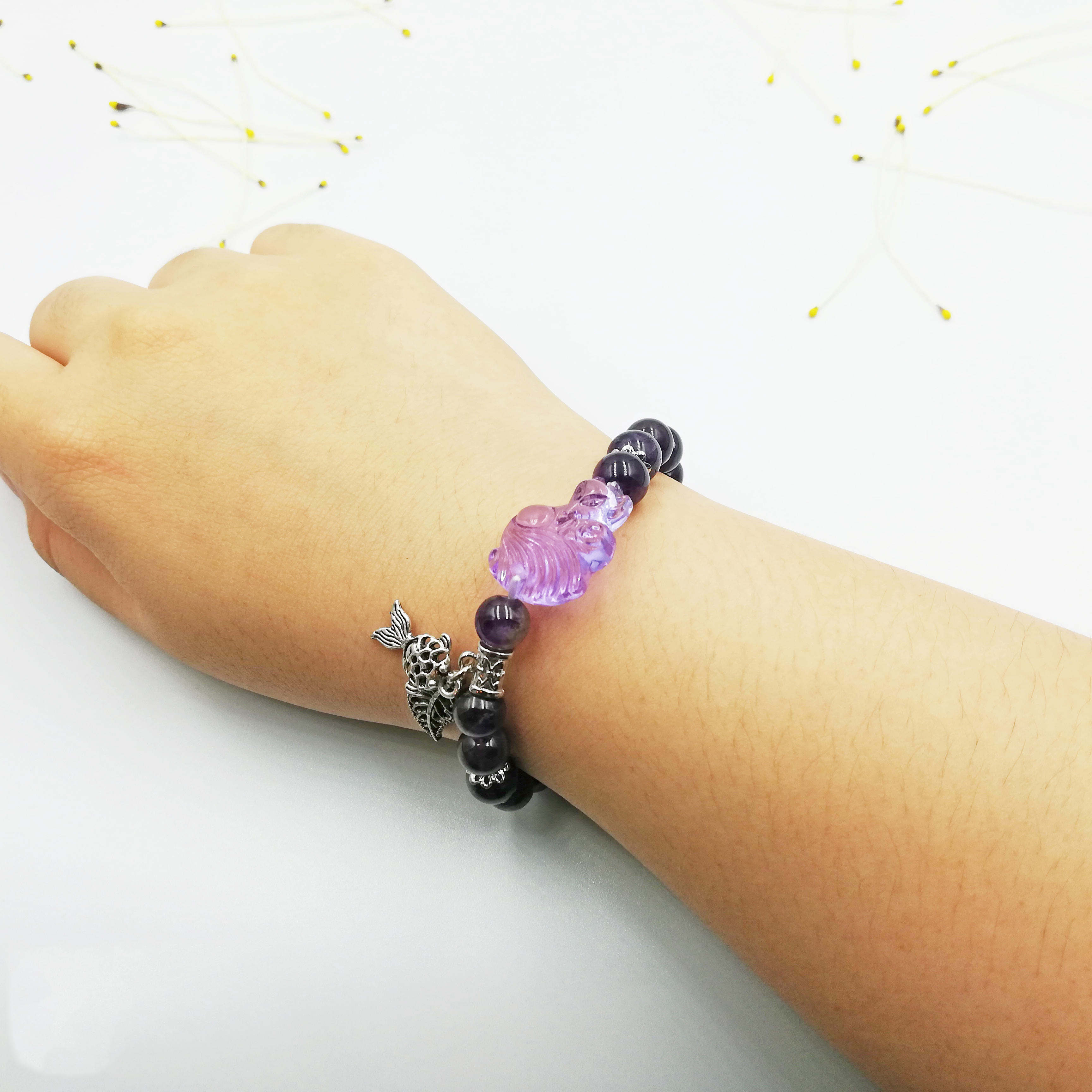 Vòng Tay Hồ Ly Topaz Tím Phối Thạch Anh Tím Mix Charm