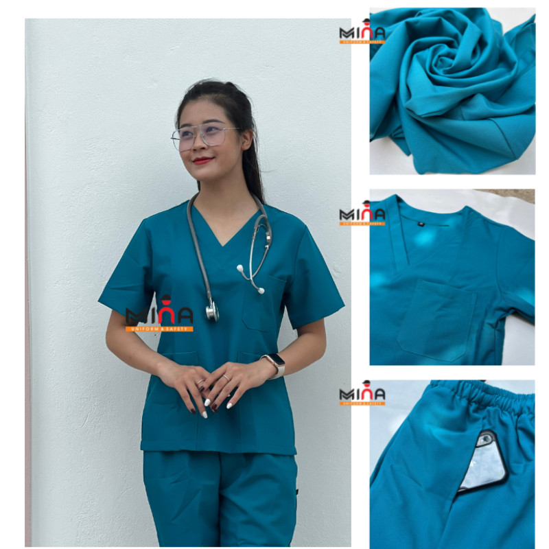 Bộ scrubs bác sĩ, quần áo y tế phẫu thuật - Màu xanh cổ vịt - Vải cotton co giãn