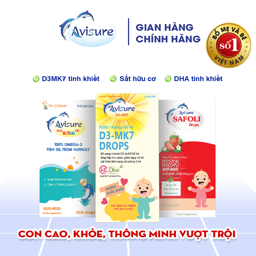 Bộ ba Avisure D3MK7, Avisure DHA smart Kid, Avisure Safoli Drop bổ sung D3, DHA, Sắt tinh khiết, tự nhiên cho bé