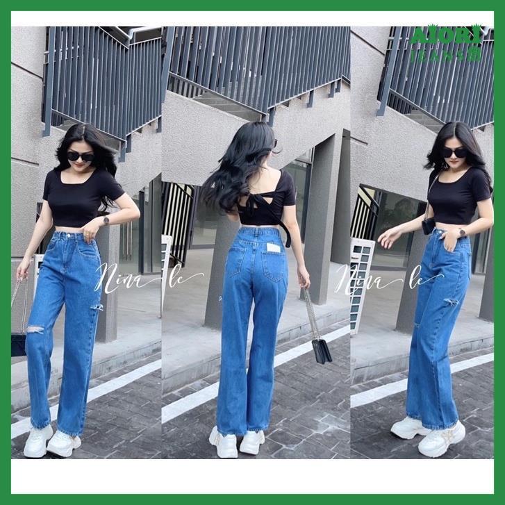 Quần Jeans Nữ, Quần Bò Nữ Aiori Ống Rộng Lưng Cao Trơn Rách Gối Bò Suông Phong Cách Thời Trang Hàn Quốc_Mã 3186