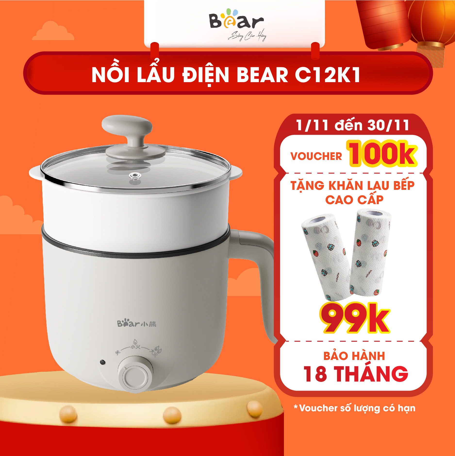 Nồi Lẩu Mini Đa Năng 1,2L Bear Lẩu 2 tầng Vật Liệu Chống Dính An Toàn C12K1 - Hàng nhập khẩu