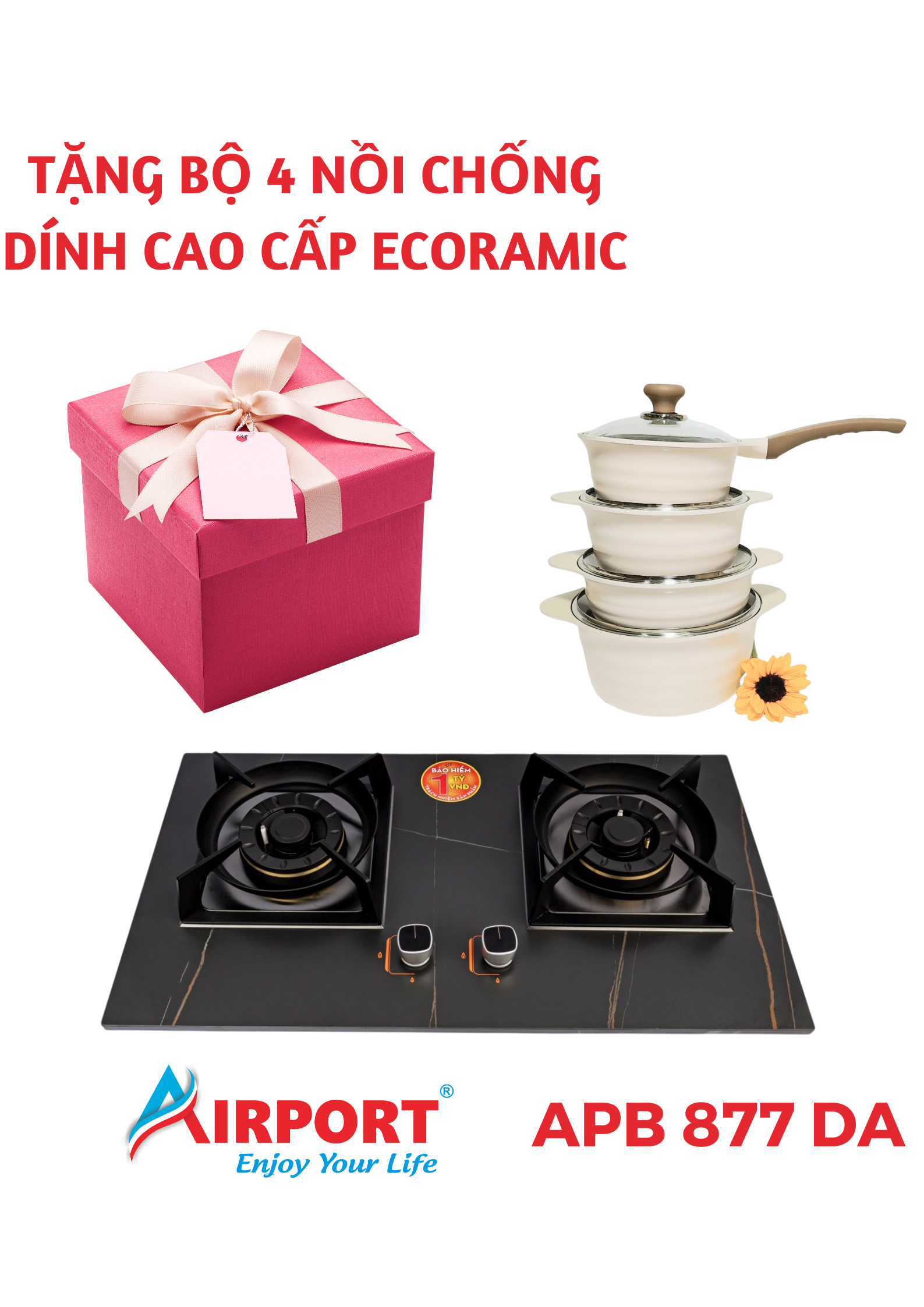 Tặng bộ 4 nồi chống dính đáy từ Ecoramic khi mua Bếp Gas Âm Cao Cấp Hiệu AirPort - APB 877 DA - Hàng Chính Hãng