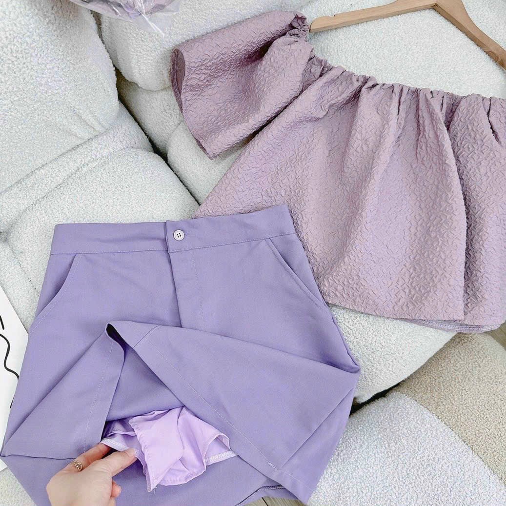 ĐẦM SET ÁO CROPTOP TRỄ VAI CỔ U TAY NGẮN BỒNG PASTEL TRƠN+ CHÂN VÁY NGẮN SUÔNG TRƠN CHỮ A TÍM QUẦN VÁY DẠO PHỐ DỰ TIỆC CÔNG SỞ ĐI BIỂN