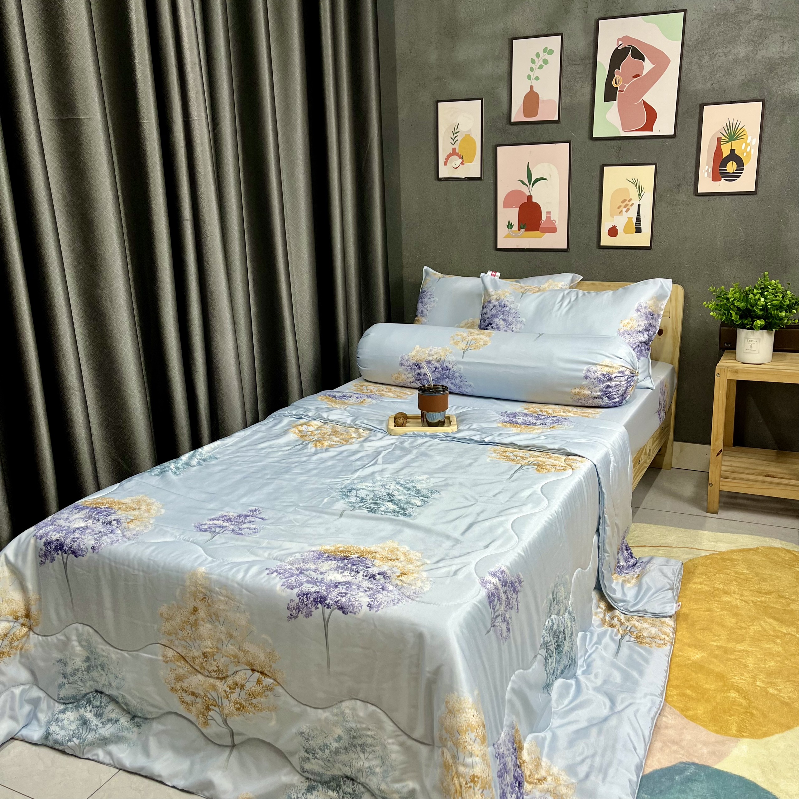 Bộ Chăn Ga Gối Đệm Phi Lụa Tencel Bộ Chăn Ga 5 Món Drap Giường