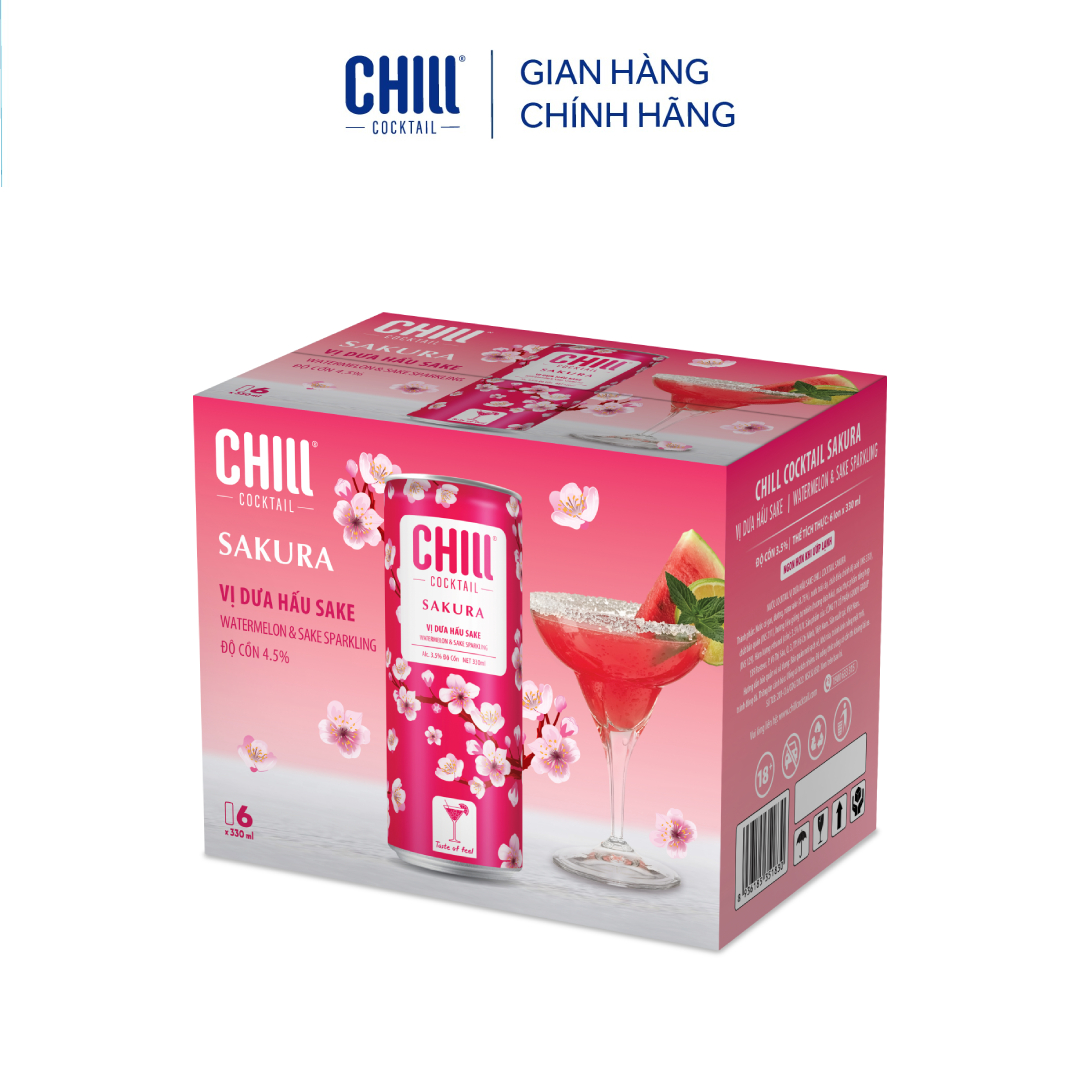 Thùng 6 lon Chill Cocktail Sakura vị Dưa Hấu Sake (330ml/lon)