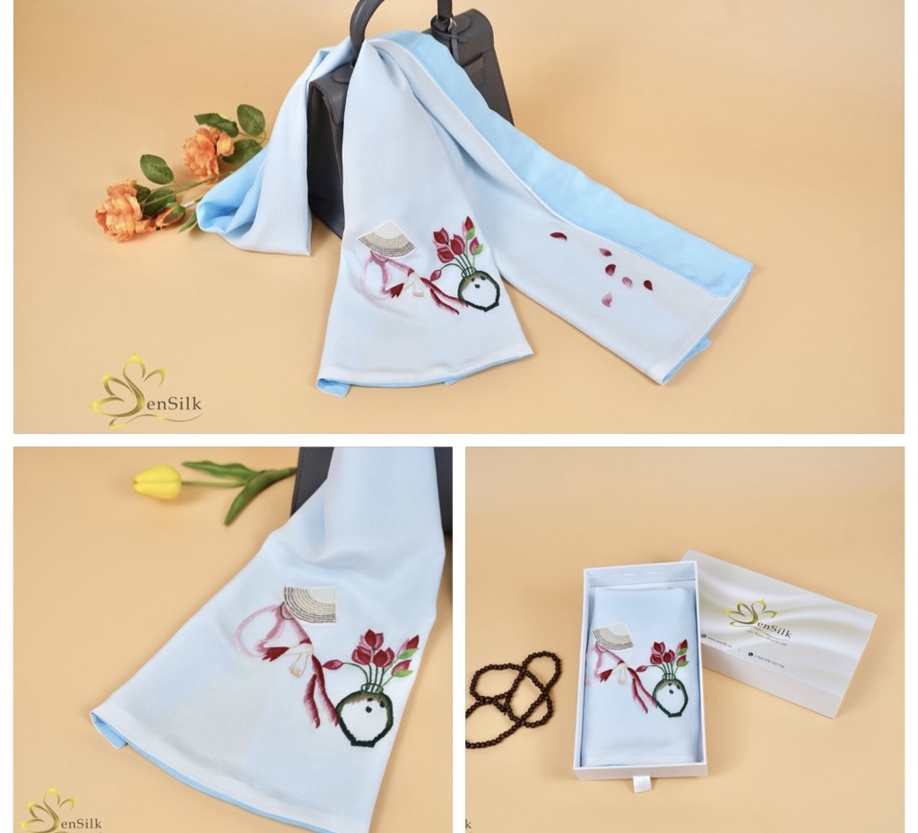 Khăn Lụa Thêu Handmade Cô Gái Nón Lá 2 Màu Sen Silk, 100% Silk Scarf Embroidery, Quà Tặng Thủ Công, Khăn Lụa Đẹp Thêu Tay