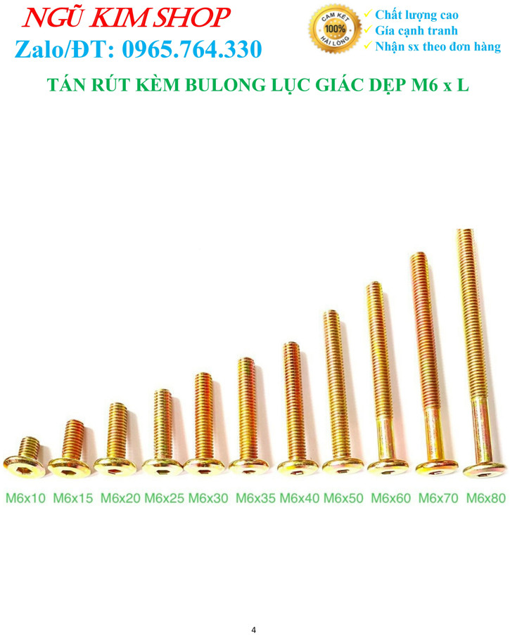 TÁN RÚT KÈM BULONG LỤC GIÁC DẸP M6 x L THEO BỘ