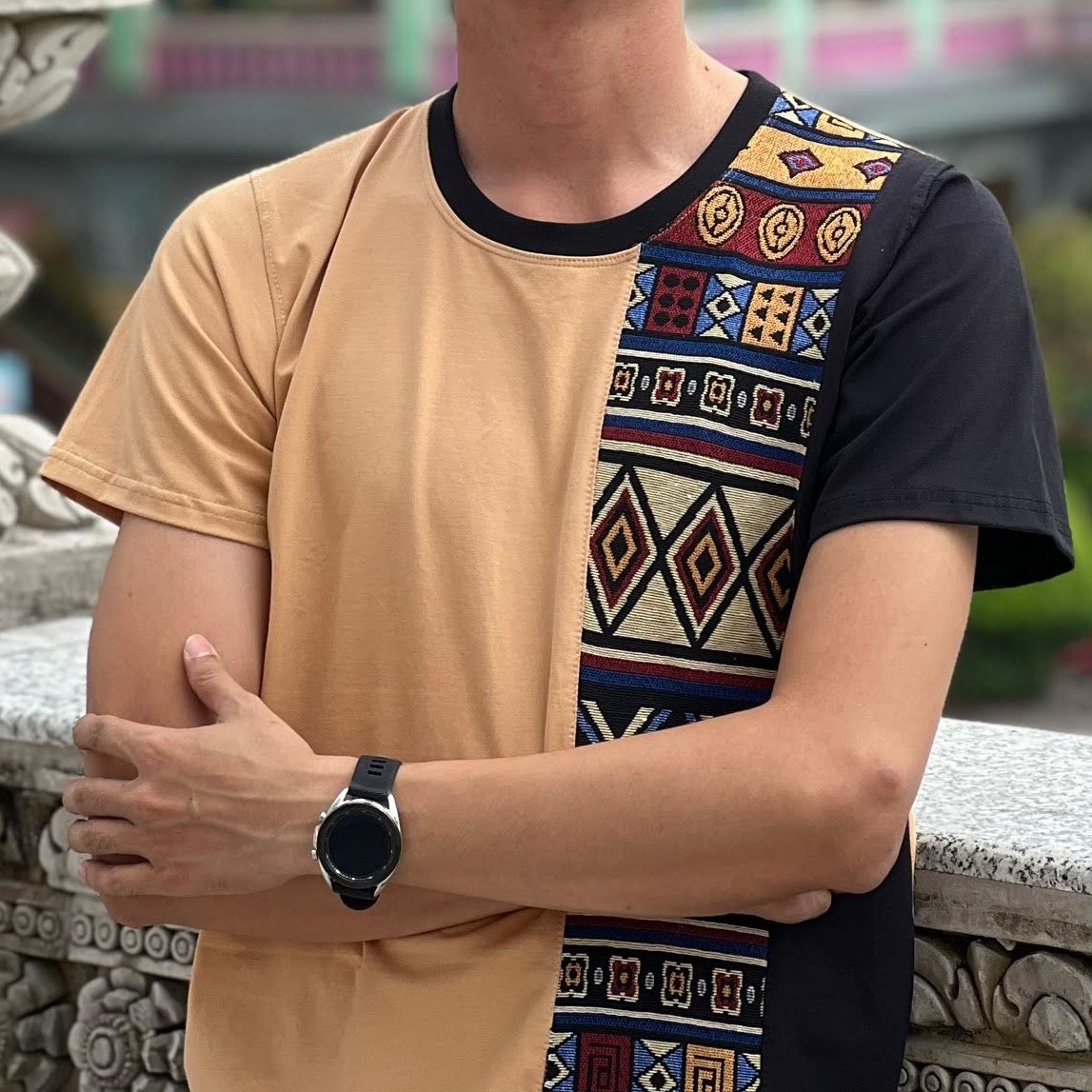 Áo Thun Nam Vải Thổ Cẩm Thật Họa Tiết Mới Lạ - Cổ Tròn Tay Ngắn T Shirt For Men
