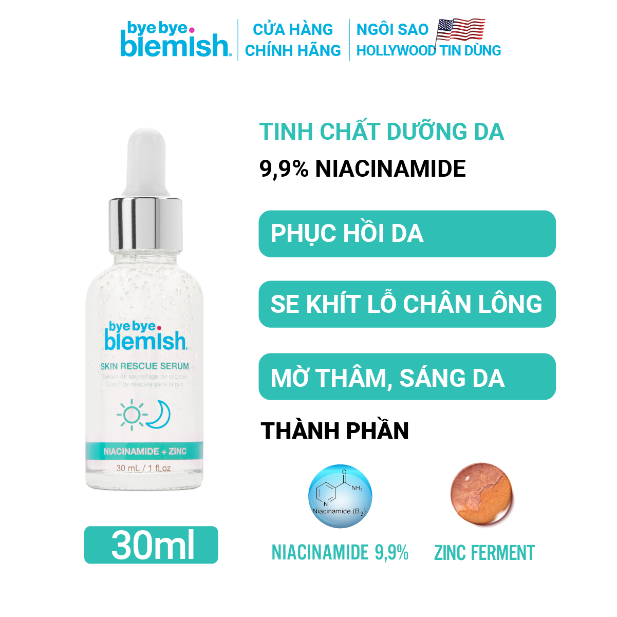 Tinh Chất 9,9 % Niacinamide Phục Hồi Da, Se Khít Lỗ Chân Lông Bye Bye Blemish Skin Rescue Serum 30ml