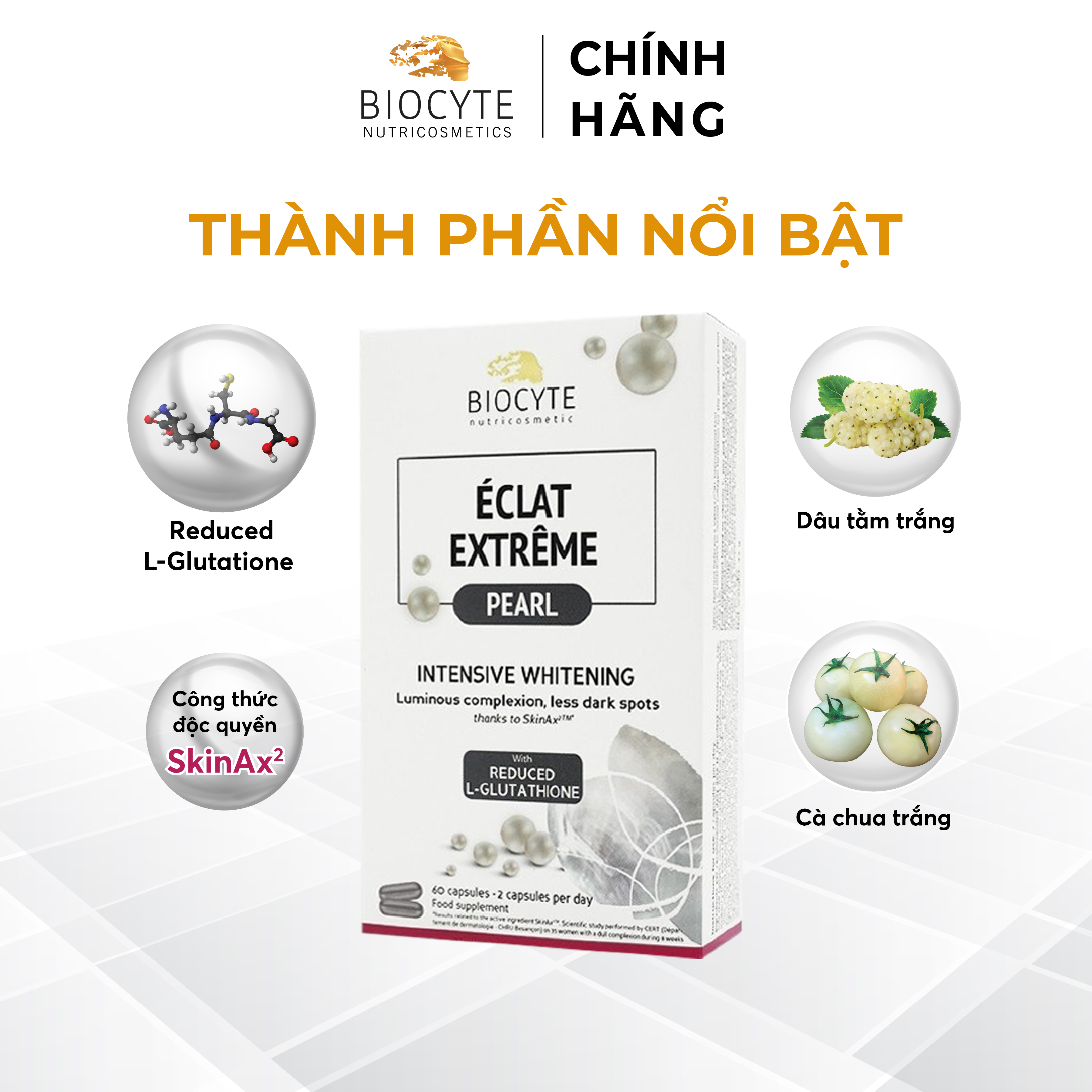 B01C Viên Uống Giúp Giảm Nám, Trắng Da, Chống Nắng - Éclat Extrême Pearl - Biocyte - Hộp 60 viên