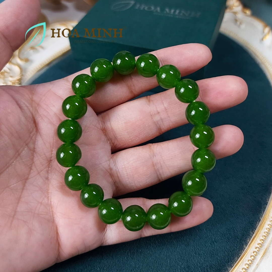 Vòng Tay Phong Thủy đá Mã Não xanh màu ngọc bích size hạt 9.9 li tuyệt đẹp thời trang