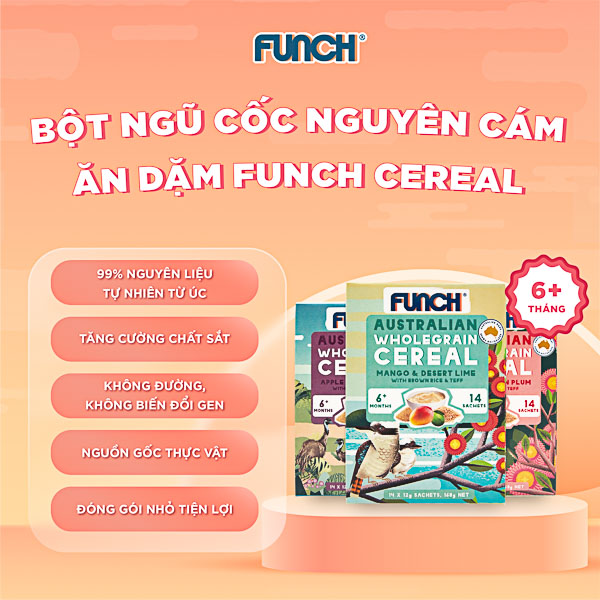 (Mua 2 tặng 1) Combo 2 Hộp Ngũ Cốc Ăn Dặm Funch Úc 168g Tặng 1 Bịch Trái Cây Nghiền 120g