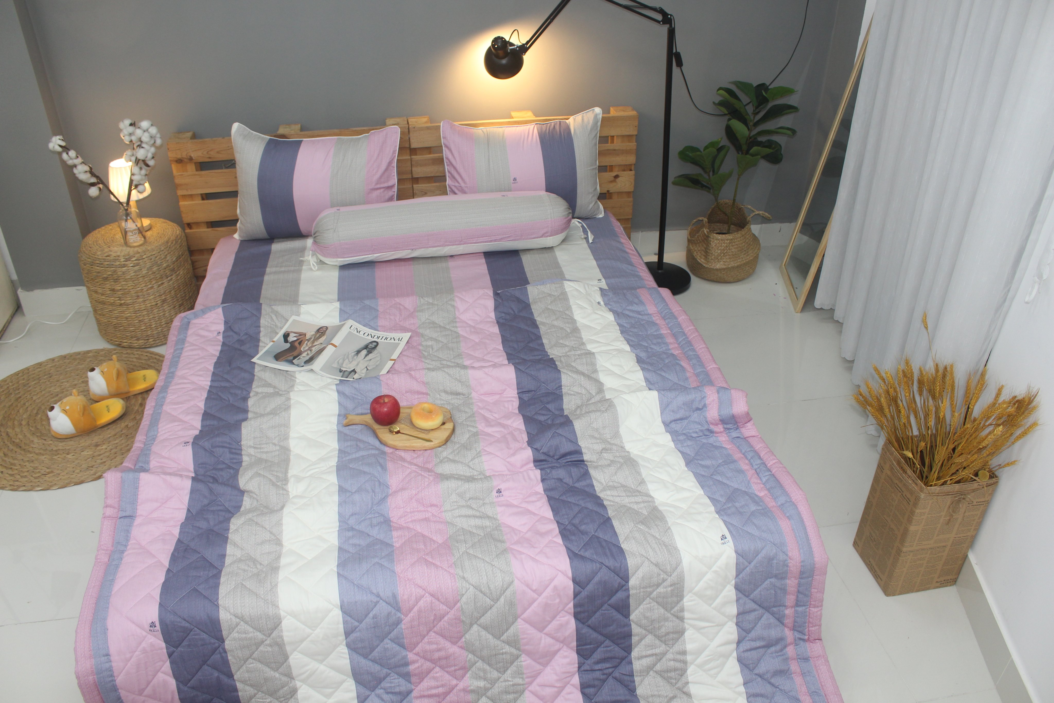 Bộ drap gối KHA LY - 100% cotton thiên nhiên - VN311 Sọc Dài Hồng Vải dày dặn mát mẻ siêu thấm mồ hôi