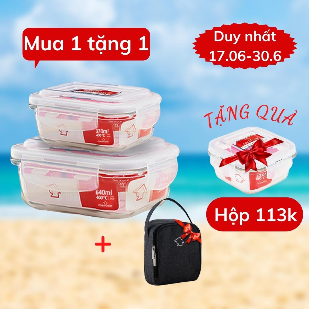 Mua 2 hộp đựng cơm thủy tinh trữ thức ăn thực phẩm chịu nhiệt chữ nhật 640ml 370ml TẶNG 1 túi giữ nhiệt - CCL6L32BS