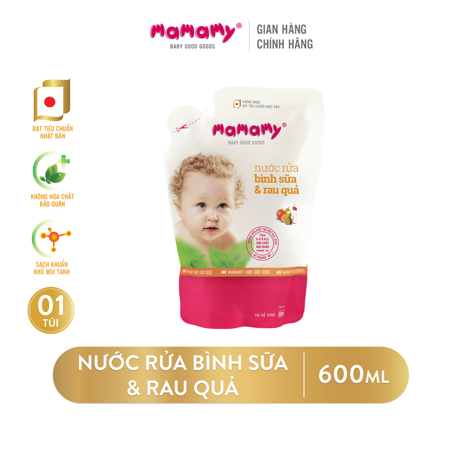 Túi Bổ Sung Nước Rửa Bình Sữa Và Rau Quả Mamamy 600ml, an toàn cho trẻ sơ sinh