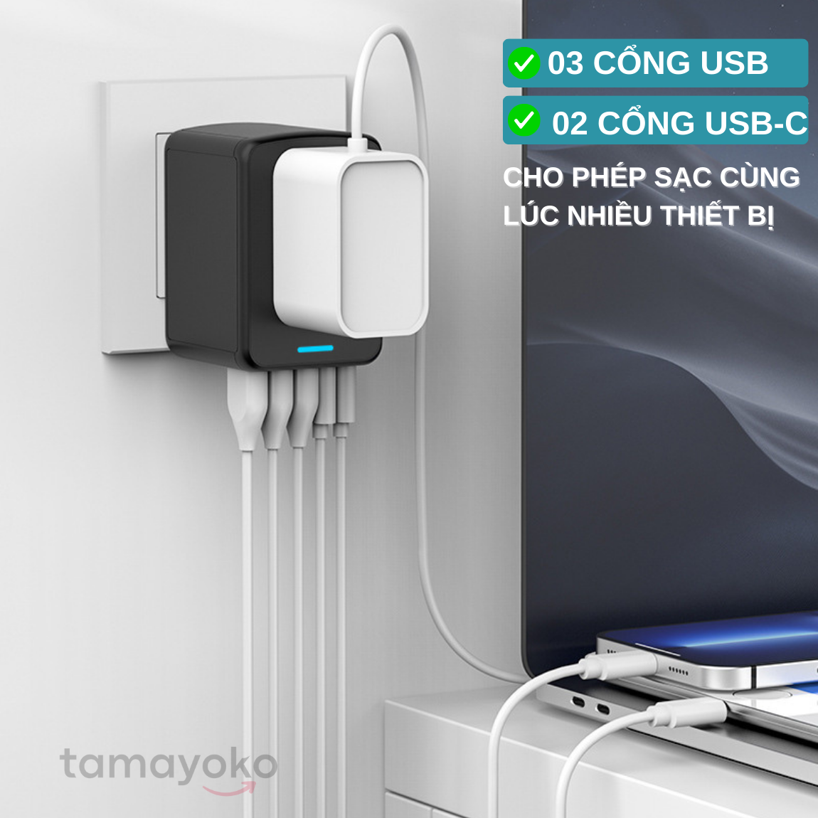 Ổ cắm điện Tamayoko sạc nhanh PD 35W Type C + USB cắm tải 2000W cho điện thoại/máy tính/ thiết bị gia dụng cỡ nhỏ