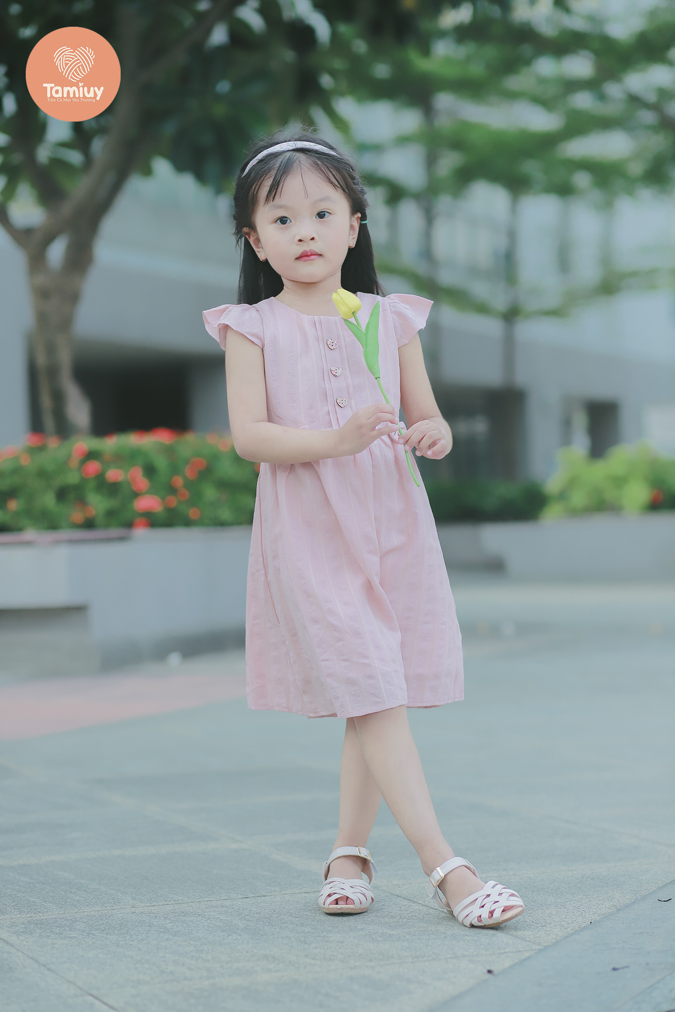 Đầm Xòe Tamiuy Thiết Kế Đính Nút Tay Cánh Tiên Nữ Tính Đáng Yêu Cho Bé Gái Từ 1-10 Tuổi