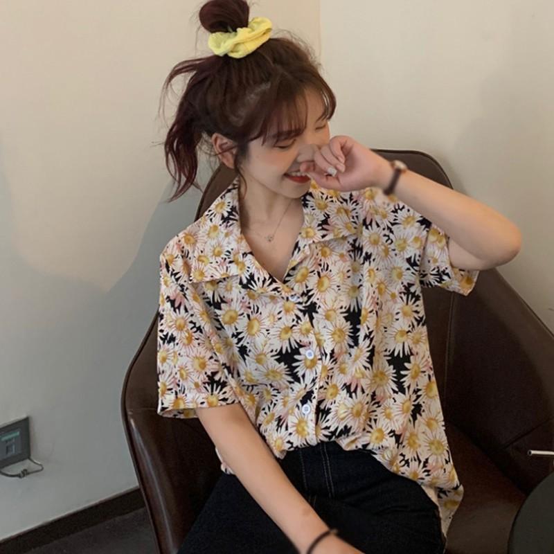 Áo Sơ Mi Tay Ngắn Cổ Bẻ Hoạ Tiết In Phong Cách Retro
