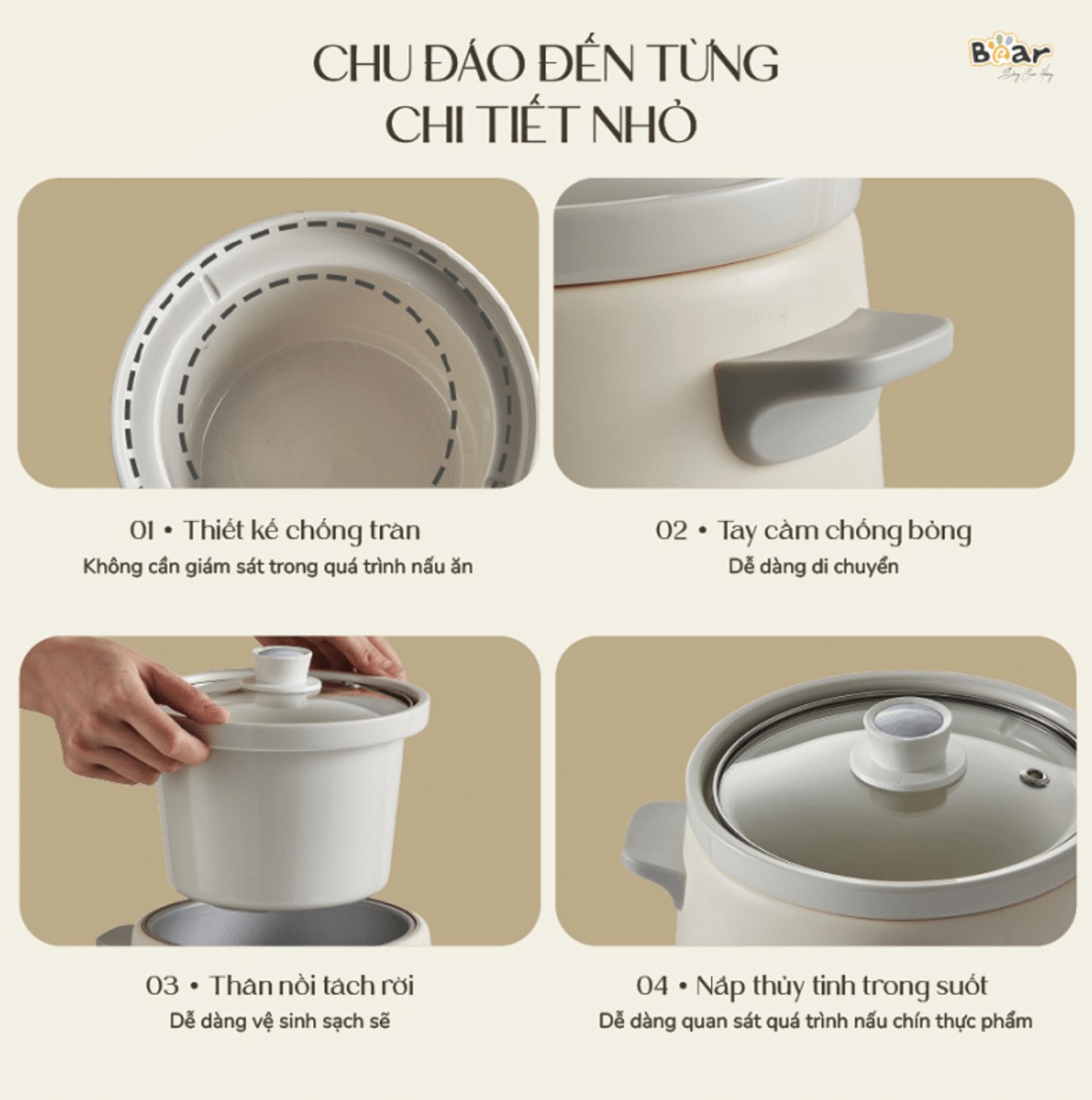 Nồi Chưng Yến Tiềm Thuốc Bắc Kho Cá Bear SB-NNC15 Gồm 6 Chức Năng Nấu Dung Tích 1.5 Lít Công Suất 120 W - Hàng Chính Hãng