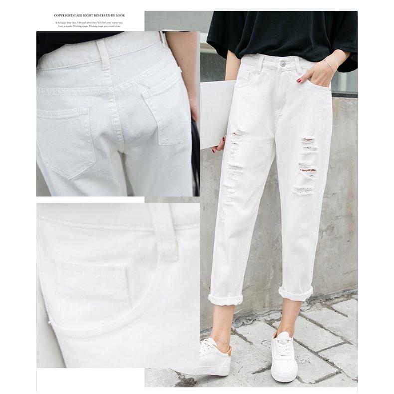 Quần Jeans Nữ Rách Gối Quần Bò Nữ Trơn Dáng Lỡ Xước Gấu Fullsize 2 Màu