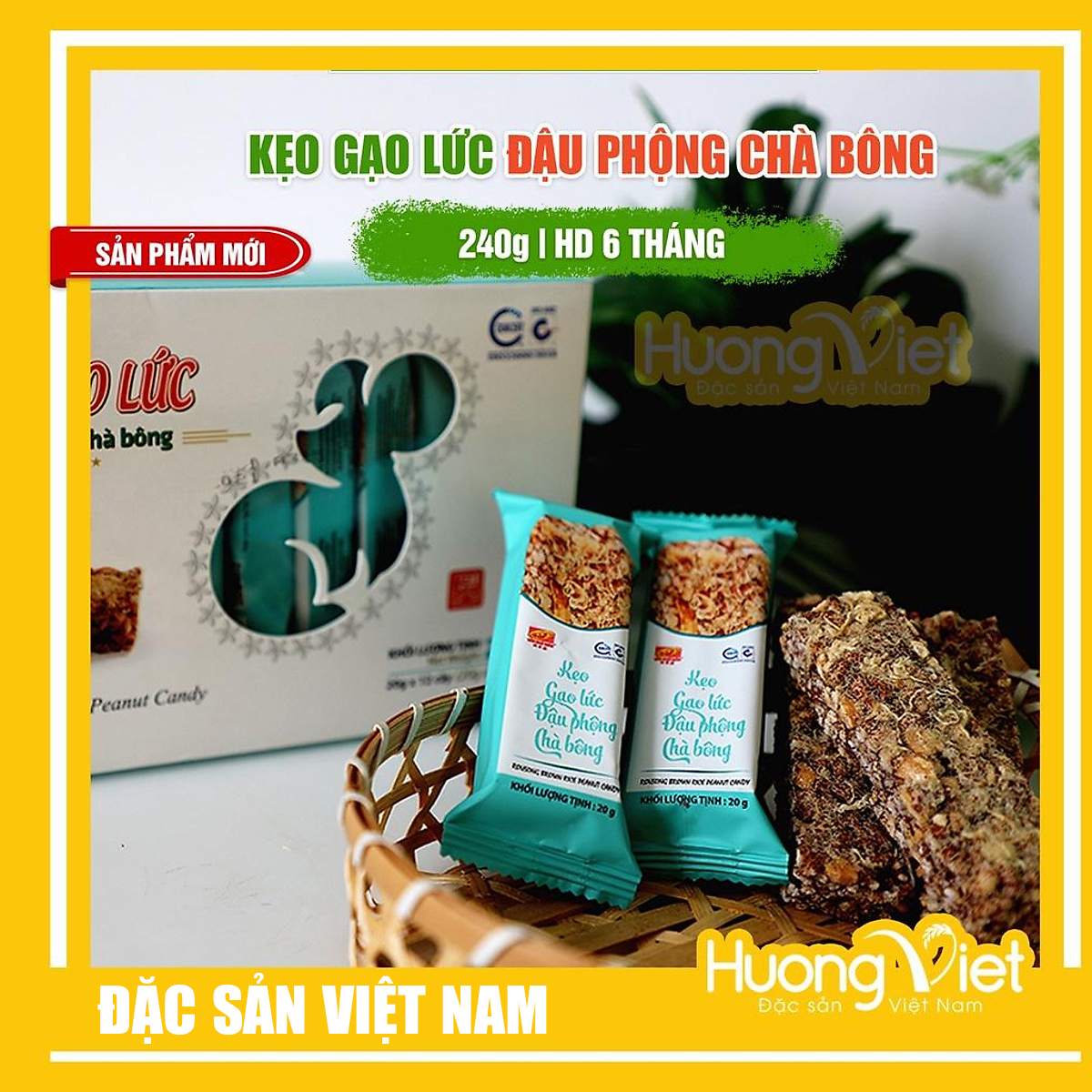 Thanh gạo lứt chà bông Tân Huê Viên 240g, kẹo gạo lức đậu phộng chà bông (12 thanh x 20g)