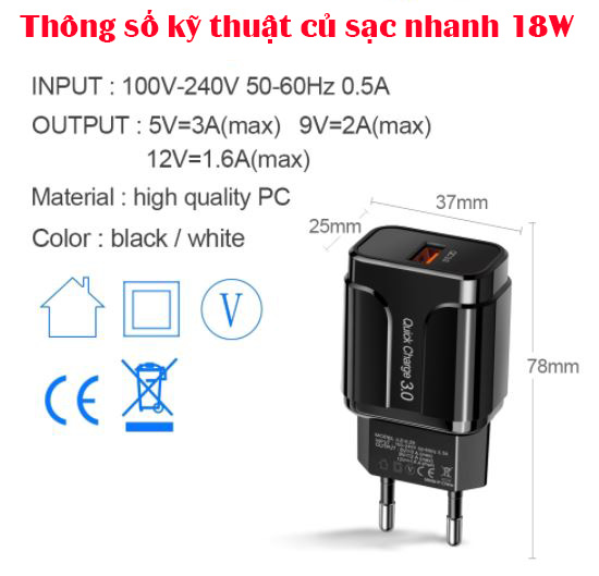 Củ Sạc Nhanh Quick Charge QC 3.0 (1 Đầu USB) Dùng Cho Thiết Bị Iphone/ Samsung/ Android US05- Hàng Chính Hãng