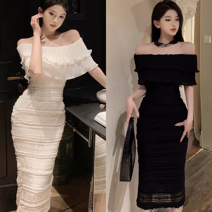 ĐẦM MIDI REN ĐI TIỆC SUÔNG ÔM BODY TRỄ VAI BÈOTRƠN ĐEN / TRẮNG DẠO PHỐ ĐI CHƠI
