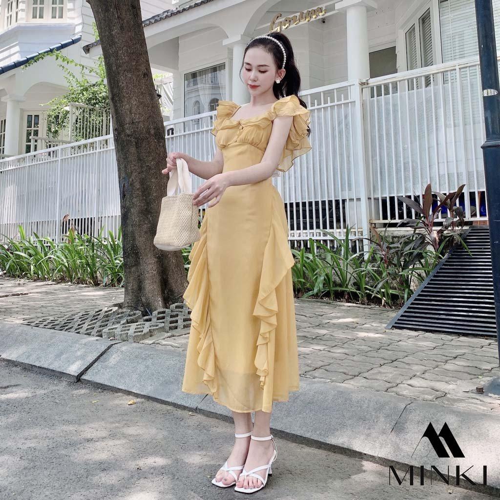 ĐẦM BÈO CÚC BỌC DỰ TIỆC - Chất Liệu Voan Tơ Cao Cấp - Màu Xanh Ngọc Và Vàng