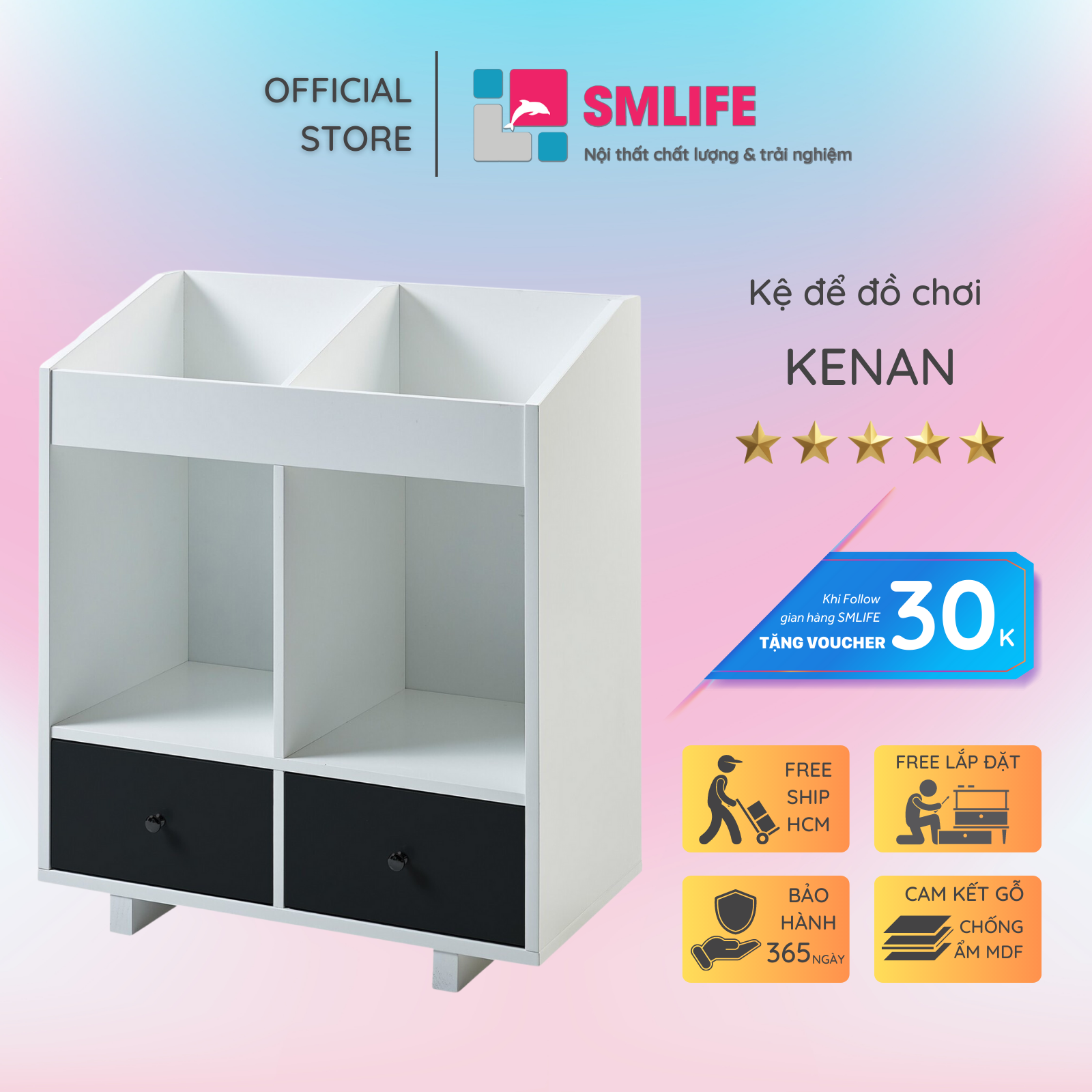 Kệ để đồ chơi cho bé SMLIFE Kenan | Gỗ MDF dày 17mm chống ẩm | D70xR45xC90cm