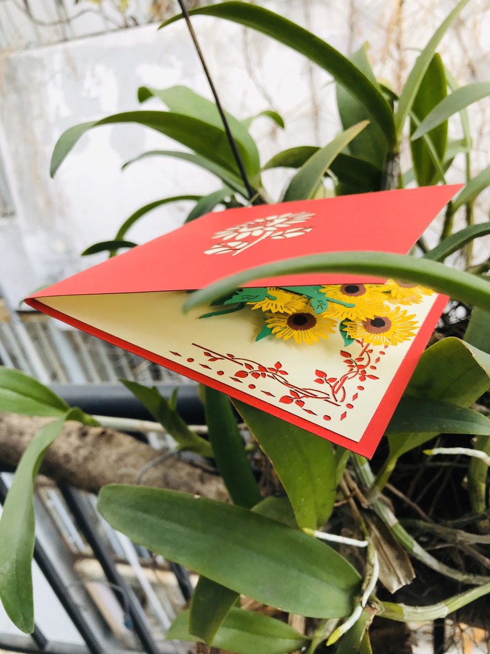 Thiệp 3D Hoa - Chậu hoa hướng dương vàng thắm - NV91