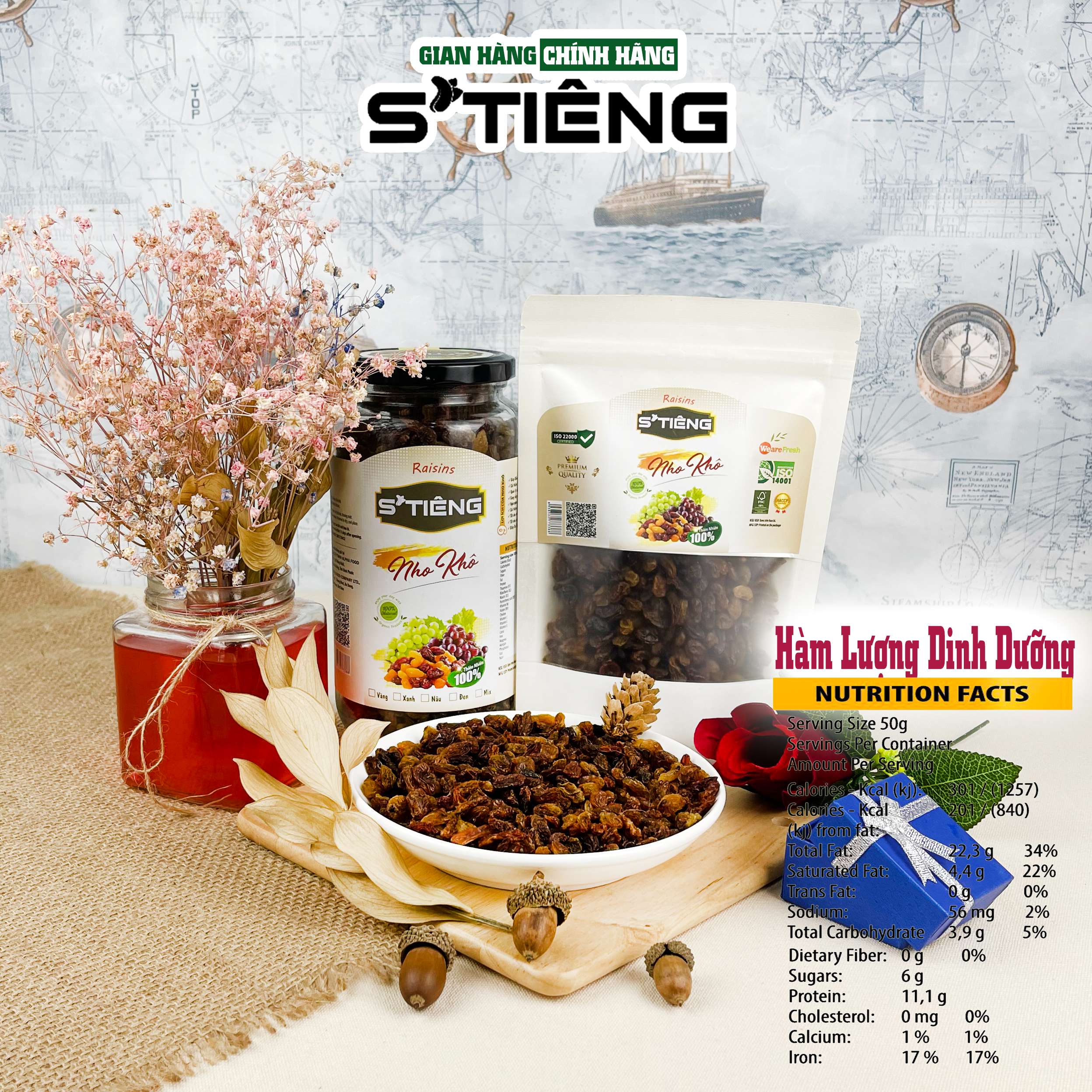 Nho Nâu Sấy Khô STIENG Không Đường Chuẩn Vị Giàu Chất Dinh Dưỡng