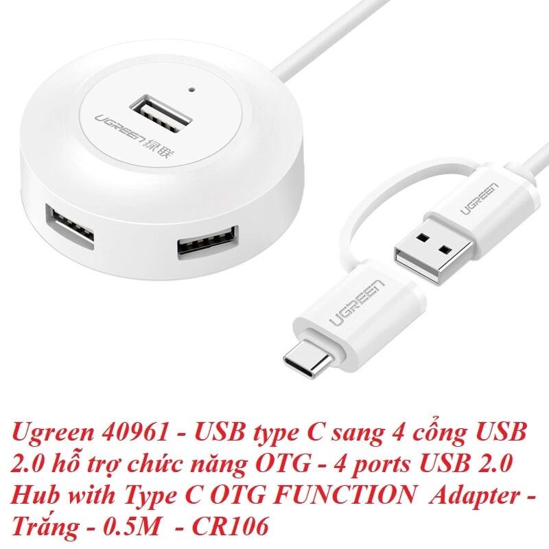 Ugreen UG40961CR106TK 0.5M Màu Trắng Bộ chuyển đổi TYPE C sang 4 USB 2.0 + nguồn MICRO USB hỗ trợ OTG TYPE C - HÀNG CHÍNH HÃNG