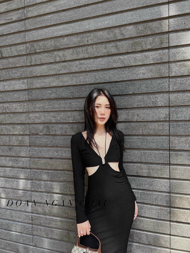ĐẦM ĐEN MIDI DÀI THUN ÔM BODY SUÔNG TRƠN DÂY CỔ V YẾM DẠO PHỐ DỰ TIỆC ĐI BIỂN