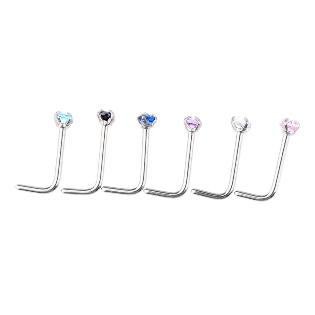 2-7pack 6 Pieces Stainless Steel L Shaped Nose Stud Rings Bar Body Piercing 20g