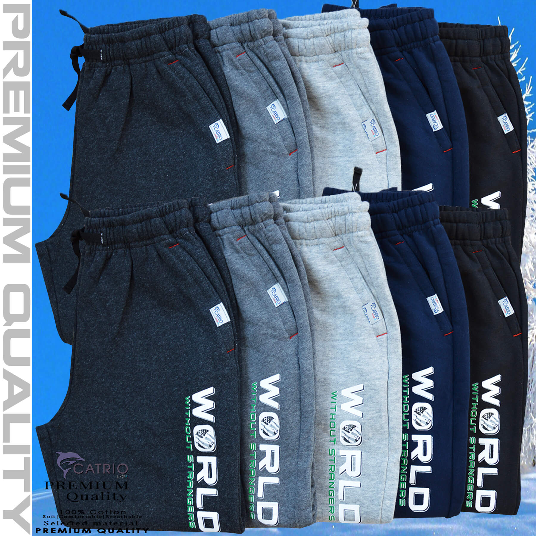 Quần thun dài bé trai vải 100% cotton in WORLD màu NAVY là quần nỉ trẻ em CATRIO từ 9 tuổi đến 18 tuổi phù hợp thời tiết se lạnh mùa thu đông với kiểu dáng thể thao tuyệt đẹp