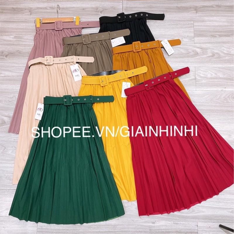 Chân váy dập ly kèm đai váy có đục lỗ, Chân váy dáng dài xếp ly không ánh nhũ CV1915 - NhiNhi Shop